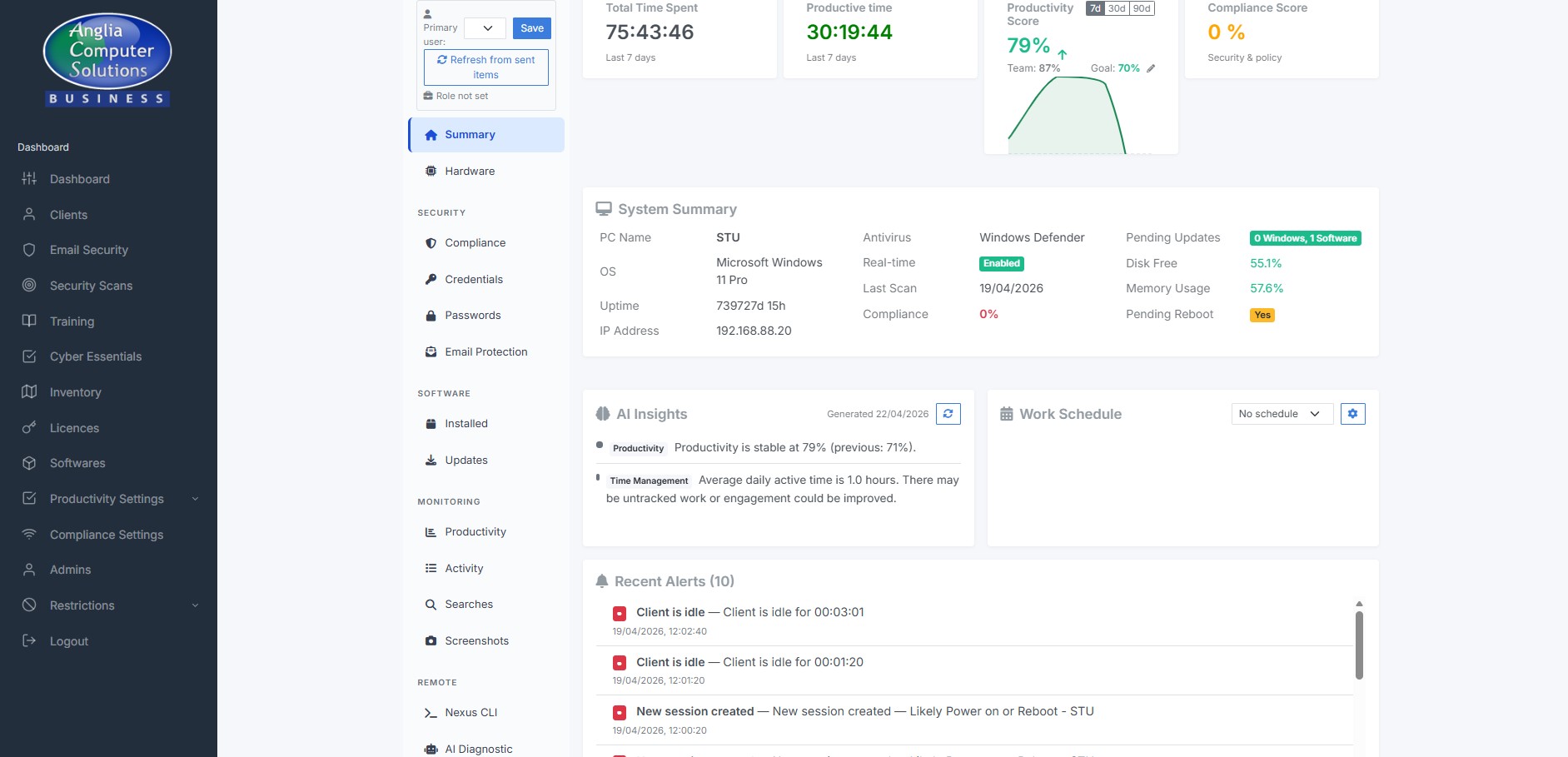 Machine summary showing AV status, real-time protection, last scan